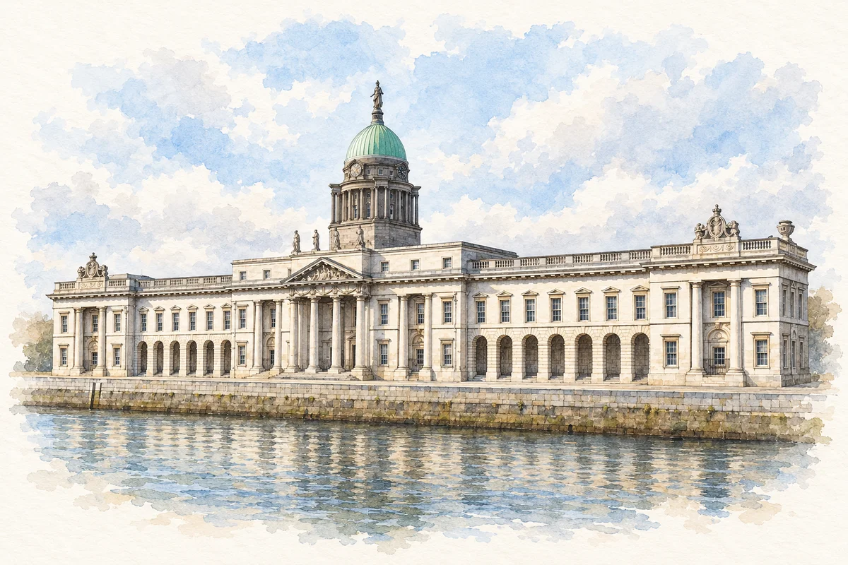 Watercolour and fine ink illustration of The Custom House, Dublin.