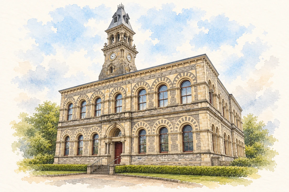 Watercolour and fine ink illustration of Sligo Town Hall in Sligo.