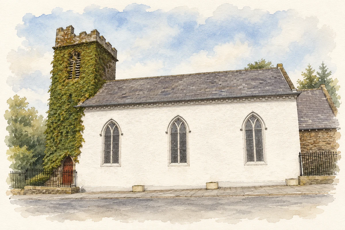 Watercolour and fine ink illustration of Saint Matthew's Church, Richhill, 2011.