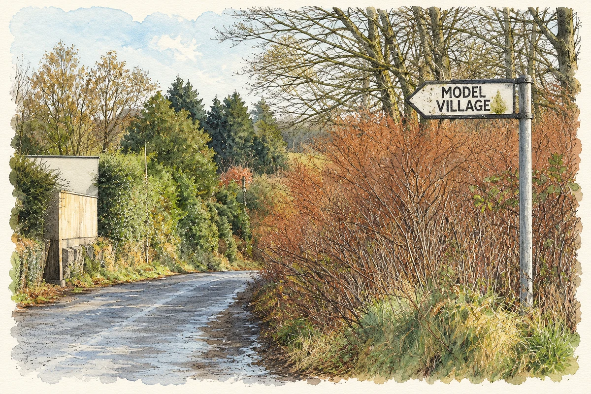 Watercolour and fine ink illustration of Lane and direction sign, Dripsey Model Village.