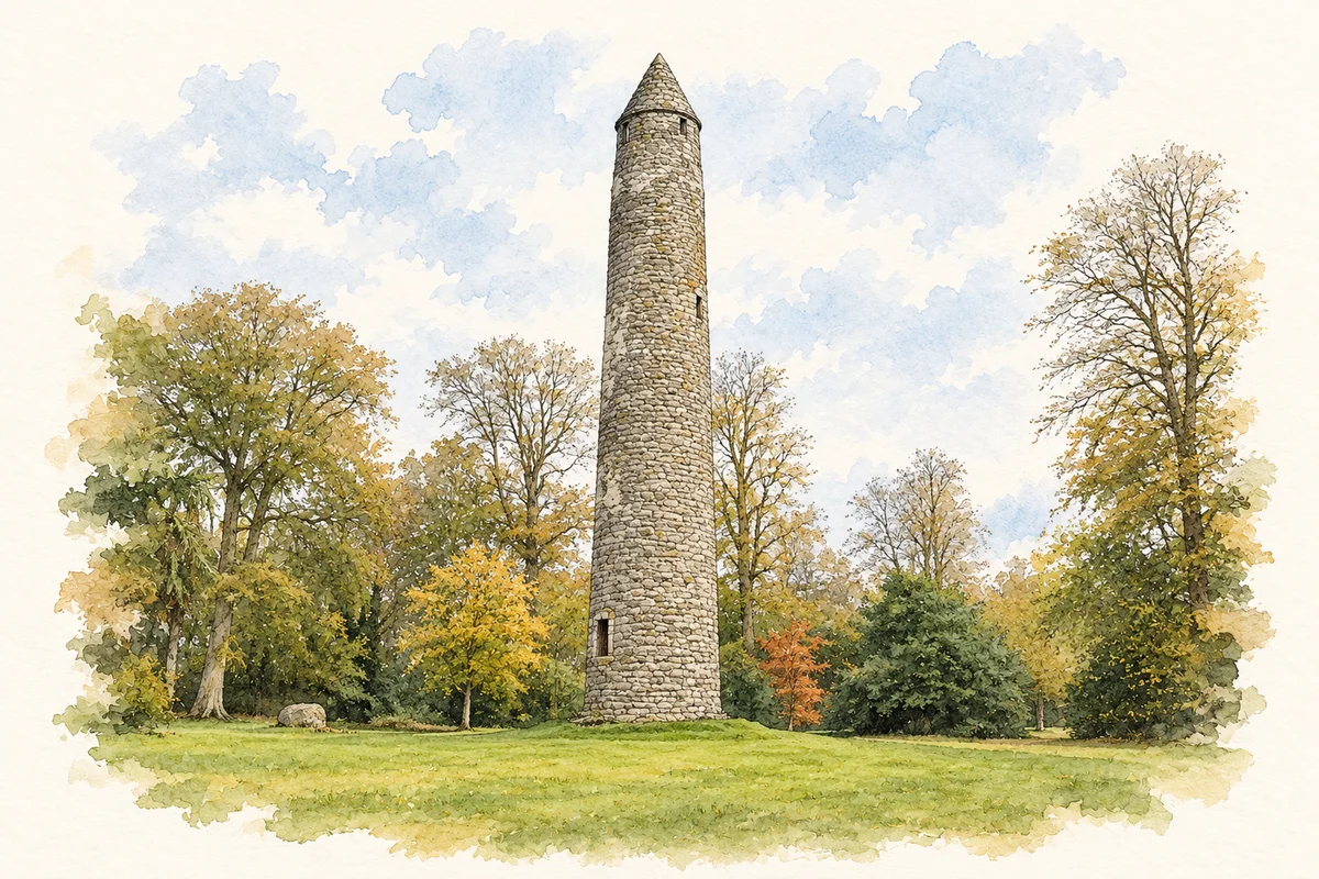 Watercolour and ink of Antrim Round Tower in its park setting.