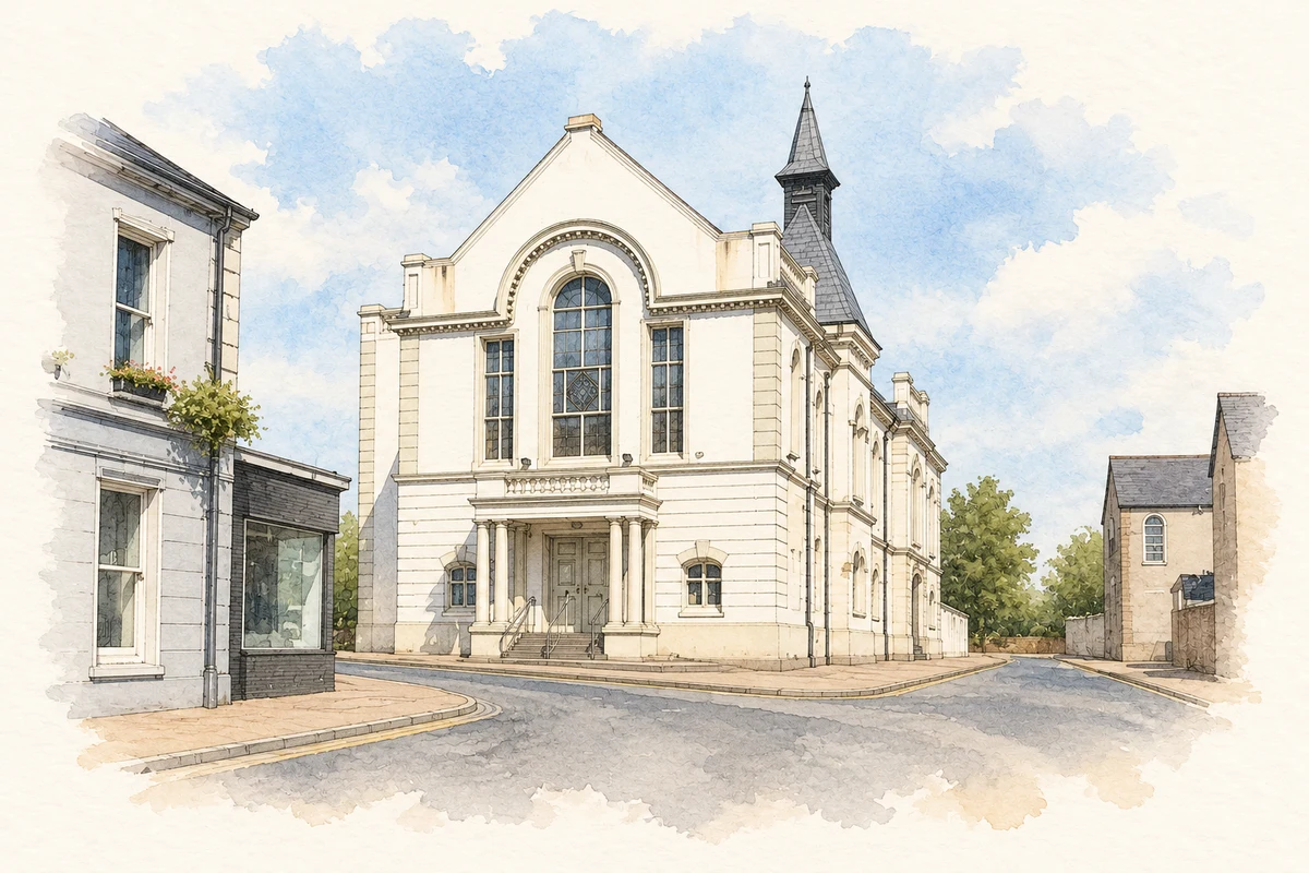 Watercolour and fine ink illustration of Ballymoney Town Hall in Ballymoney.