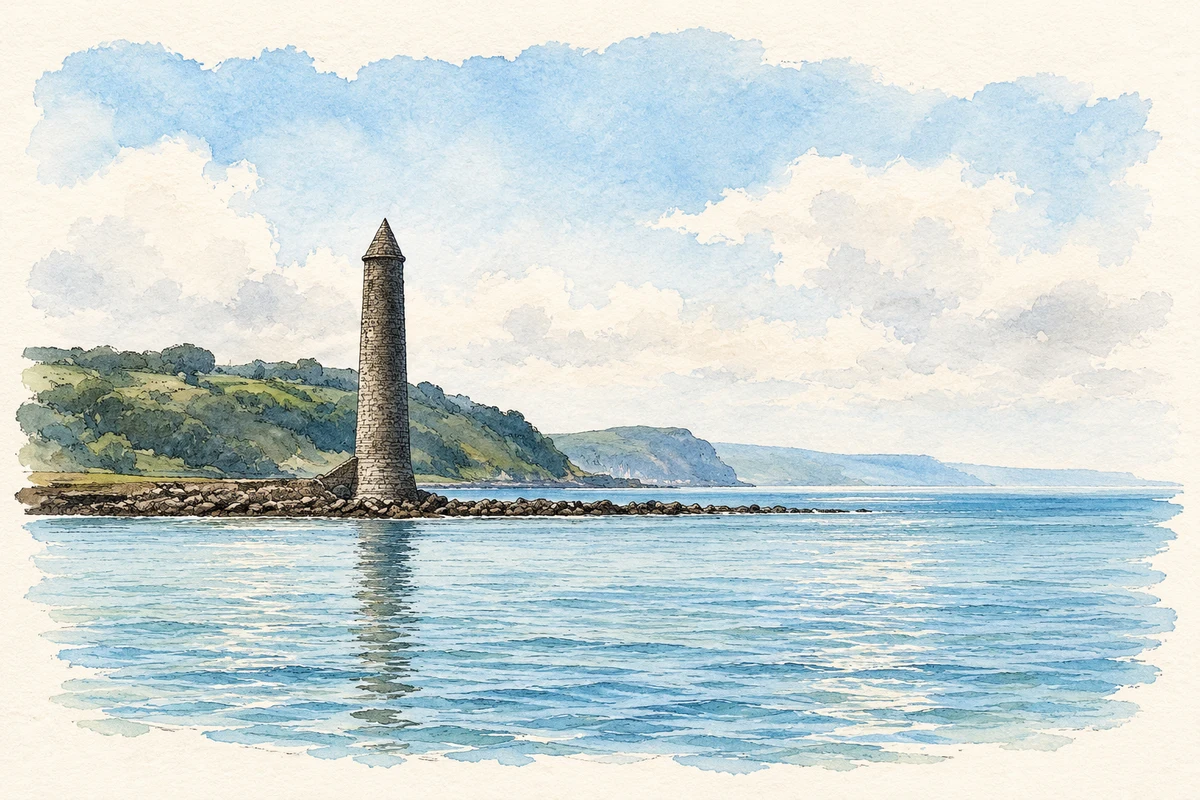 Watercolour and fine ink illustration of Chaine Memorial Tower in Larne, showing its complete visible architectural silhouette.