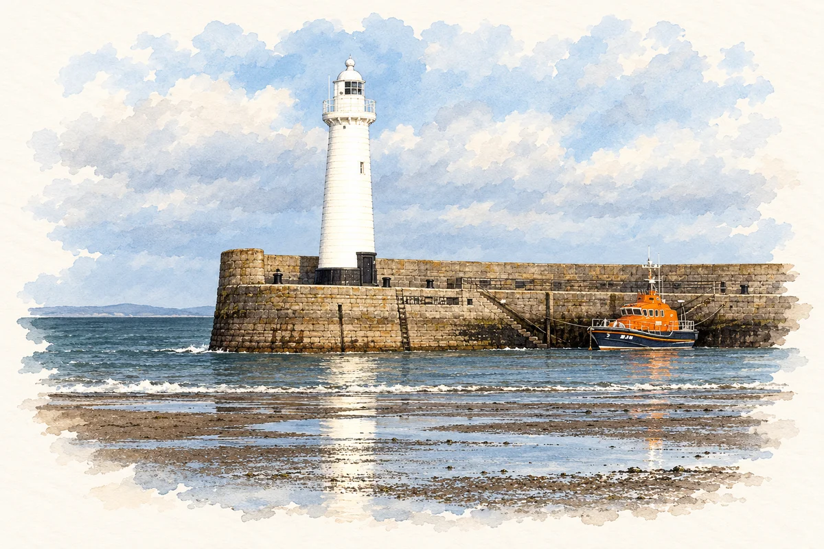Watercolour and ink of Donaghadee Lighthouse and harbour in Donaghadee.