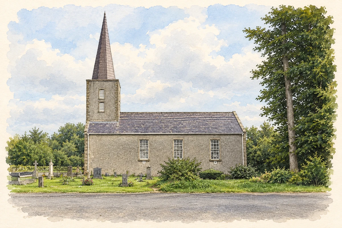Watercolour and fine ink illustration of St John's Parish Church, Moira.