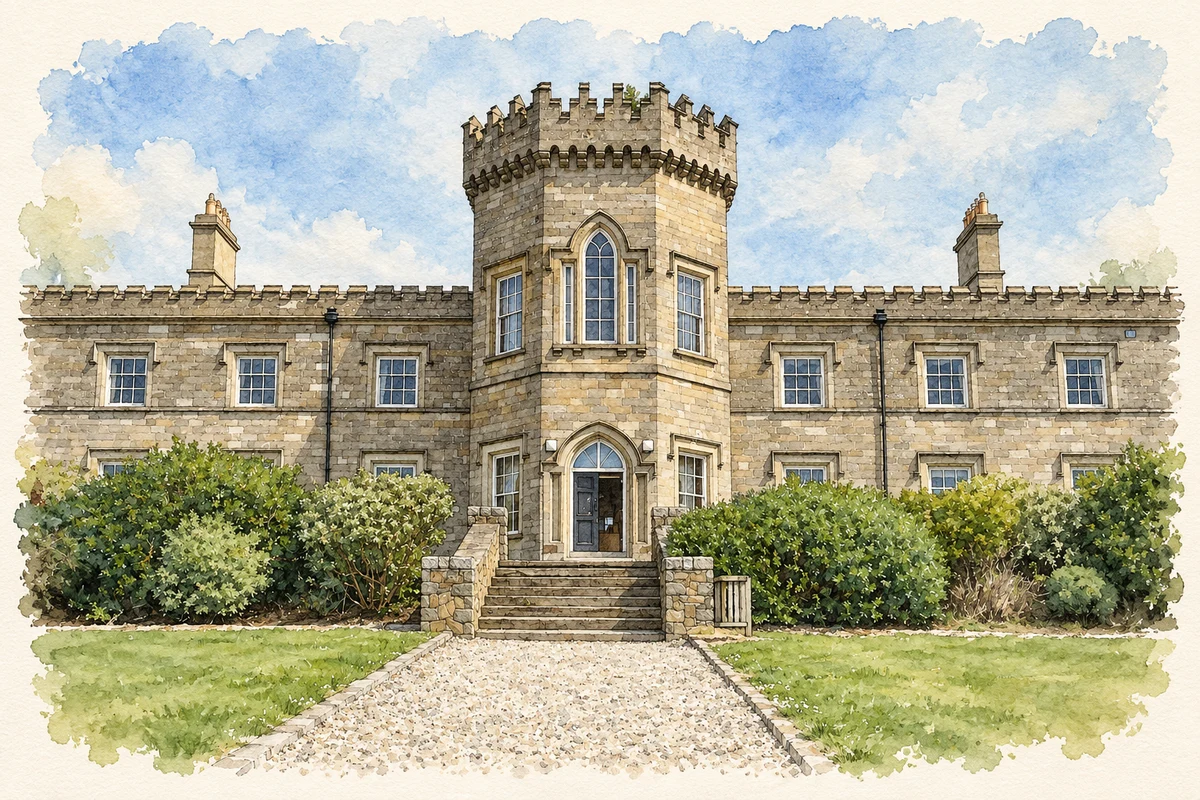 Watercolour and fine ink illustration of Dungiven Castle central entrance.