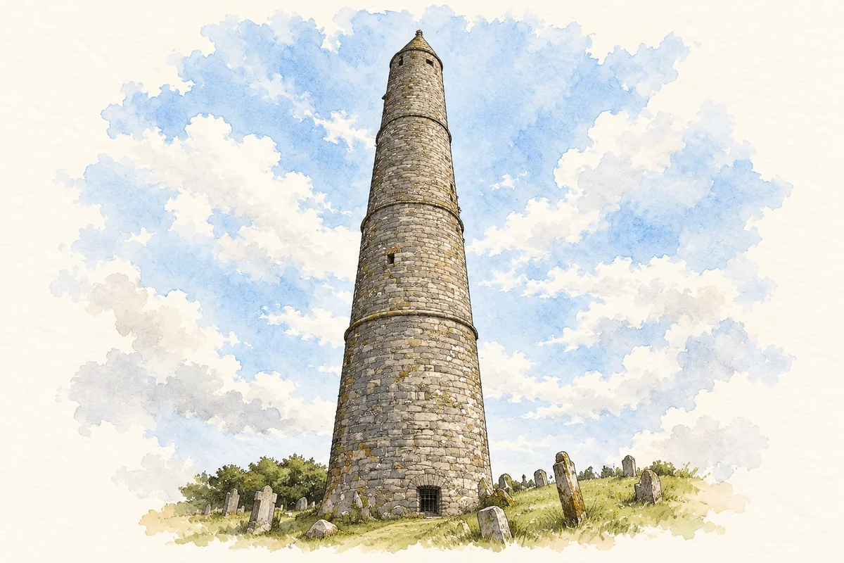 Watercolour and ink of Ardmore Round Tower.