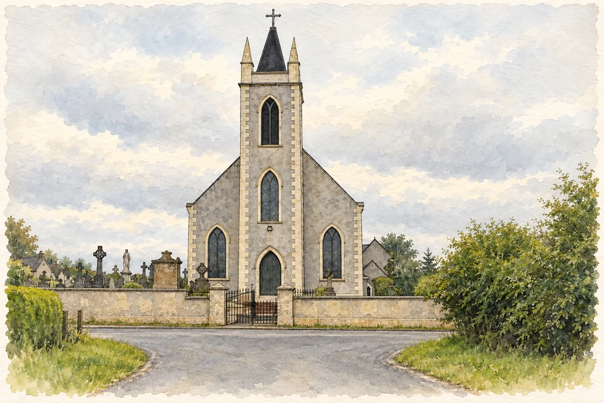 Watercolour and fine ink illustration of St Patrick's Catholic Church, Loughguile, County Antrim.