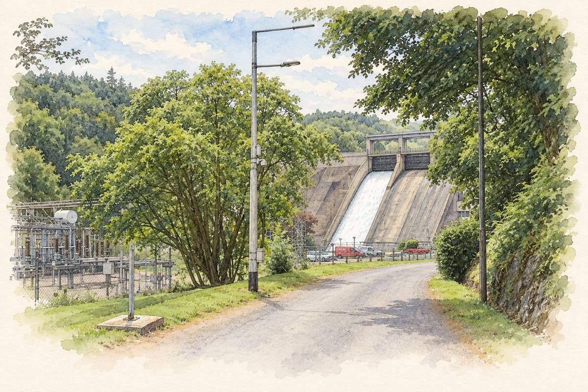 Watercolour and fine ink illustration of Inniscarra Dam on the River Lee, as photographed in 2018.