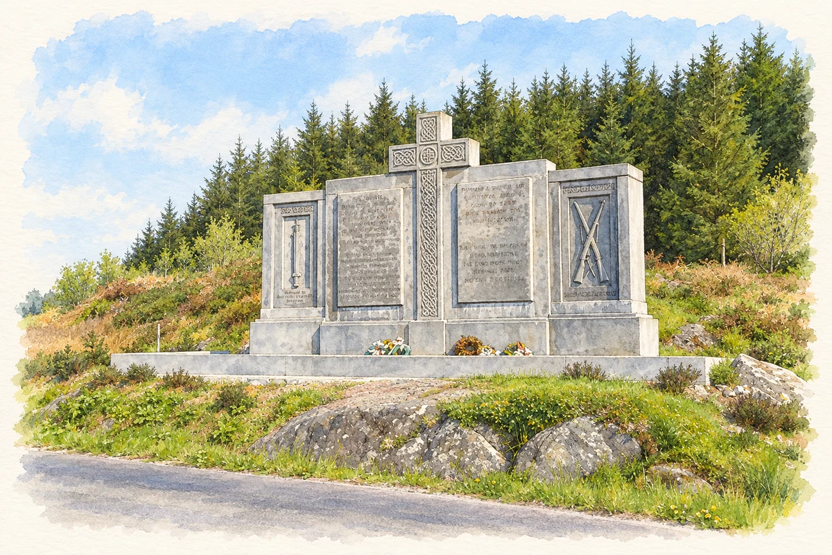 Watercolour and fine ink illustration of Kilmichael ambush memorial, near Kilmichael.