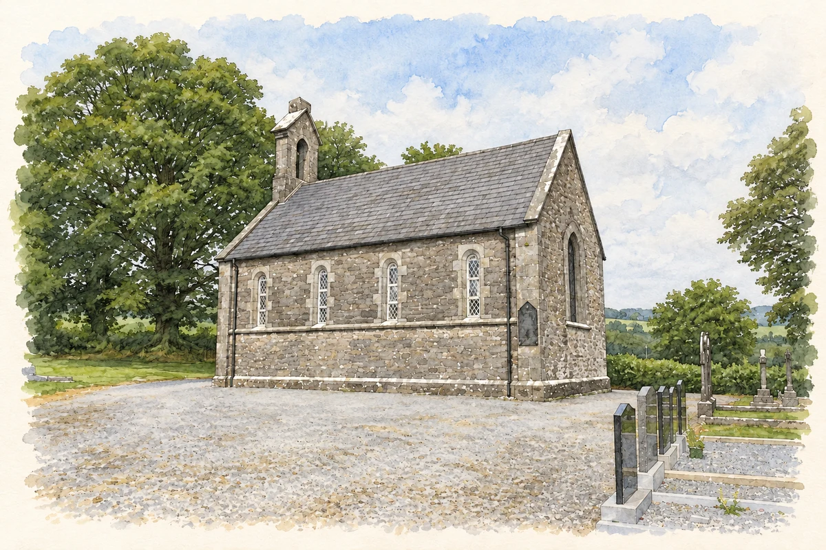 Watercolour and fine ink illustration of Saint Andrew’s Church at Kilmurry, County Cork, as photographed in 2017.