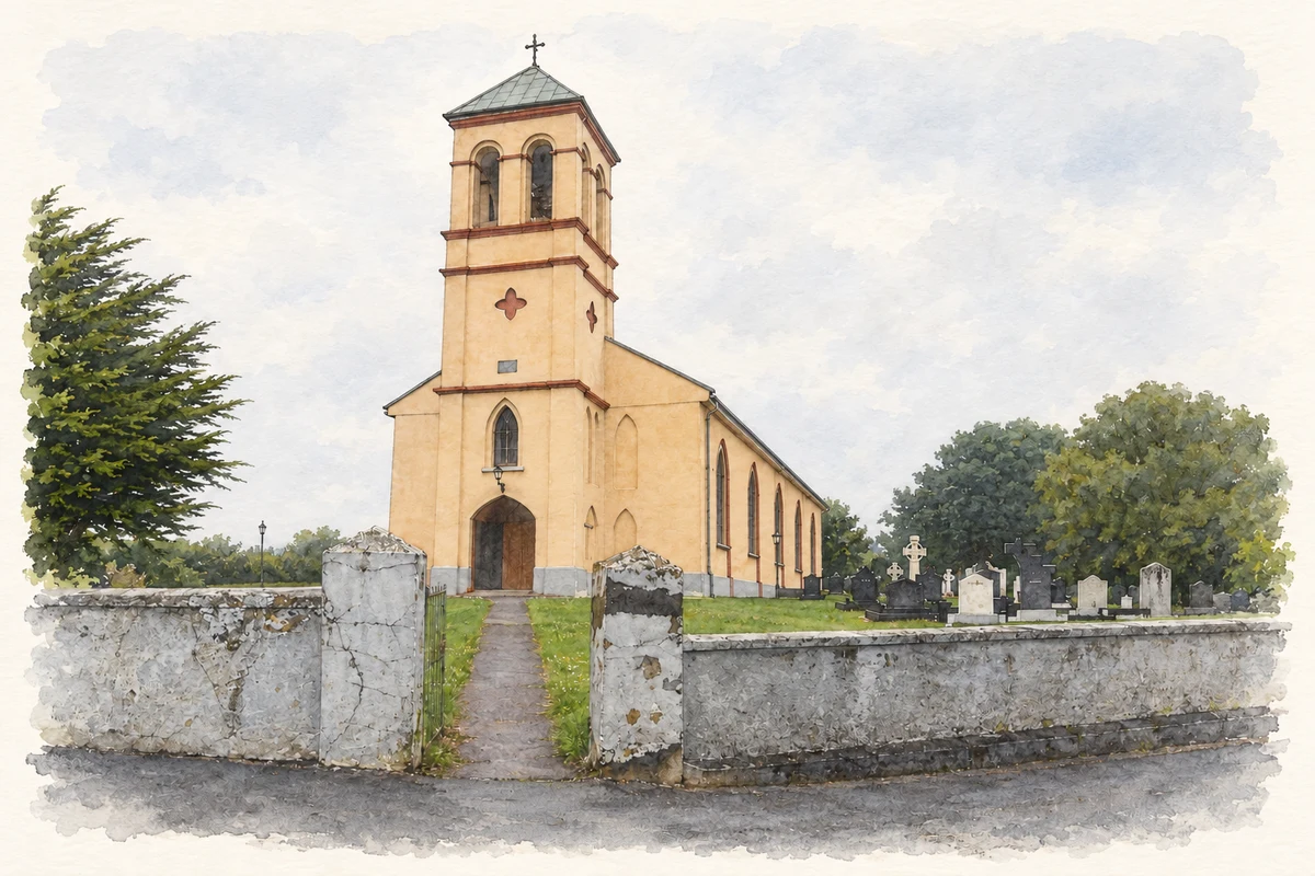 Watercolour and fine ink illustration of Saint Lachtáin’s Church in Cill na Martra, as photographed in 2009.
