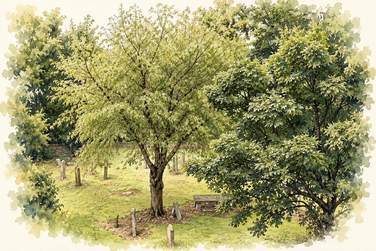 Watercolour and fine ink illustration of Merrion (Bellevue) cemetery, Dublin.