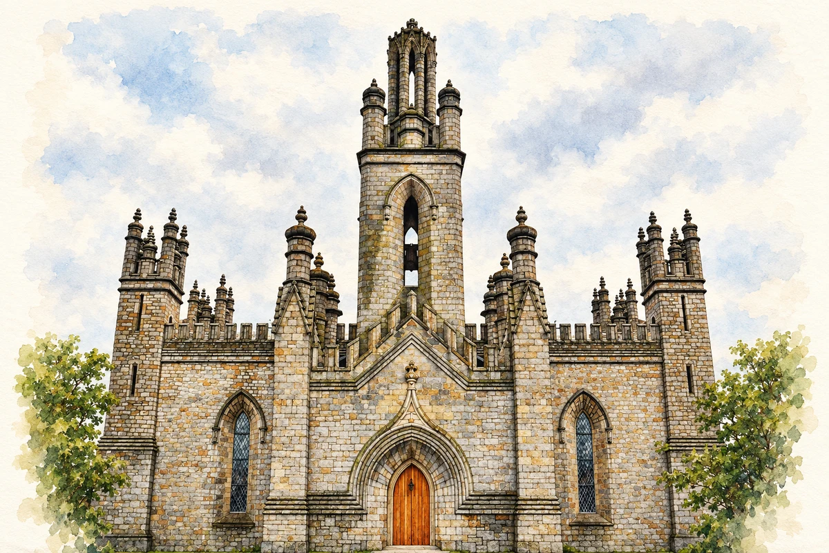 Watercolour and fine ink illustration of Monkstown Church, County Dublin.