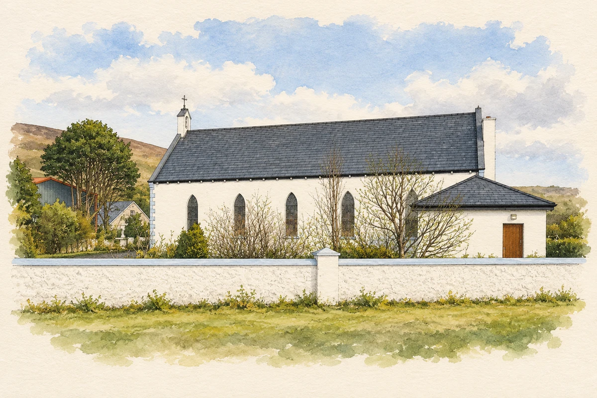 Watercolour and fine ink illustration of Sacred Heart Church, Bangor Erris in Bangor Erris.