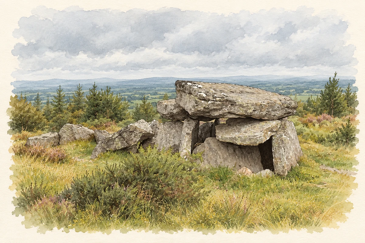 Watercolour and fine ink illustration of Duntryleague passage tomb near Knockcarron, County Limerick.