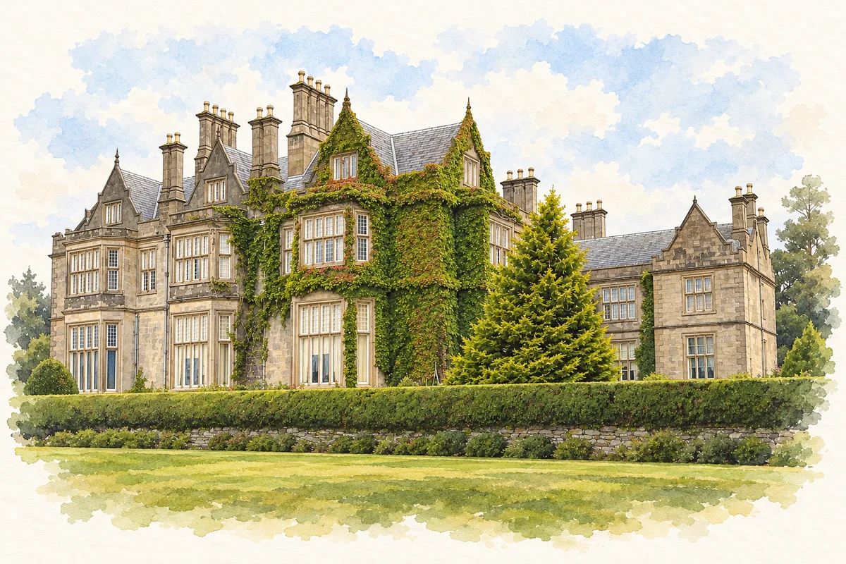 Watercolour and fine ink illustration of Muckross House.
