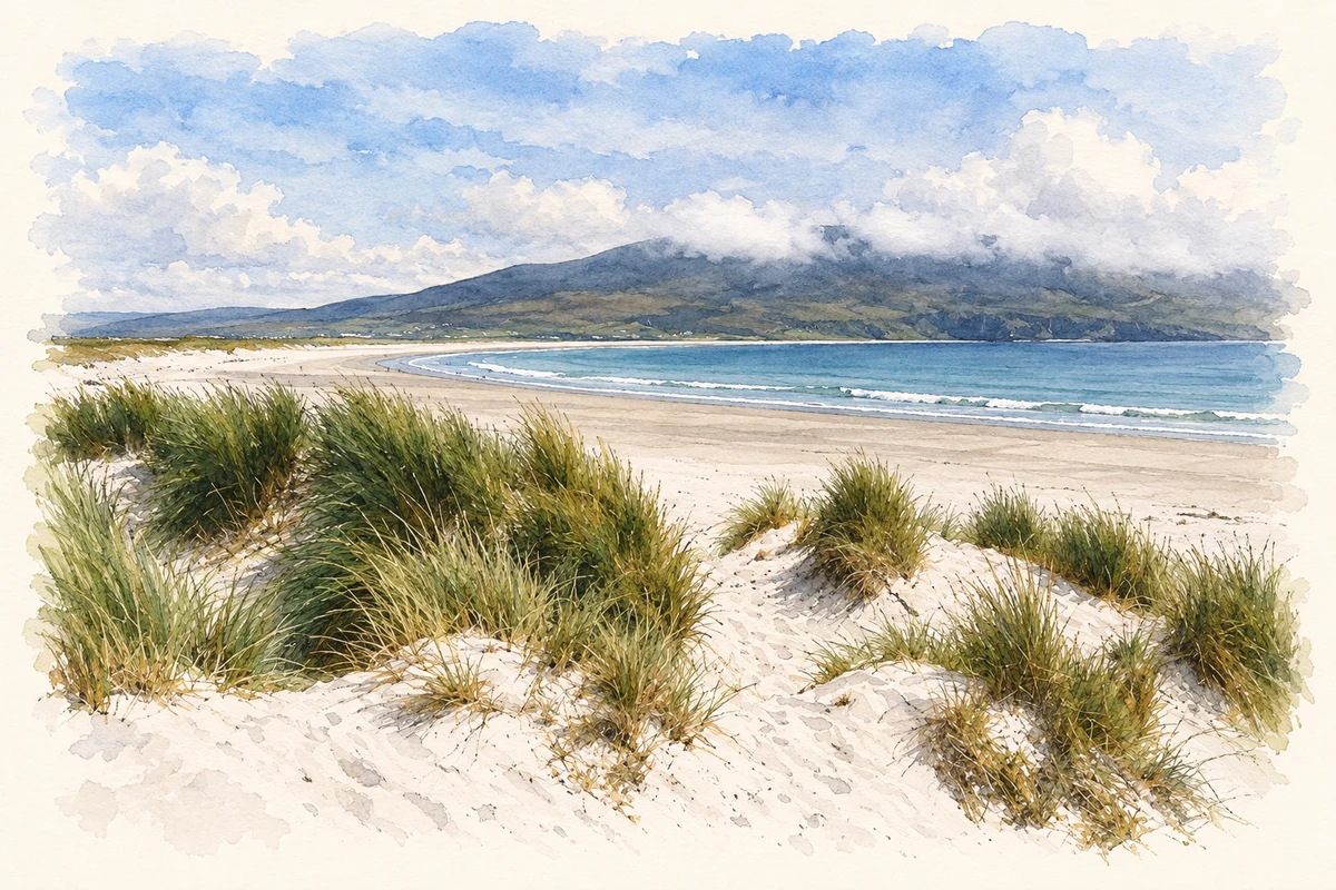 Watercolour and fine ink illustration of Sand dunes and strand at Keel, Achill Island.