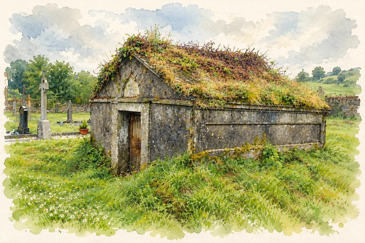 Watercolour and fine ink illustration of Mausoleum in Caheragh graveyard, County Cork.