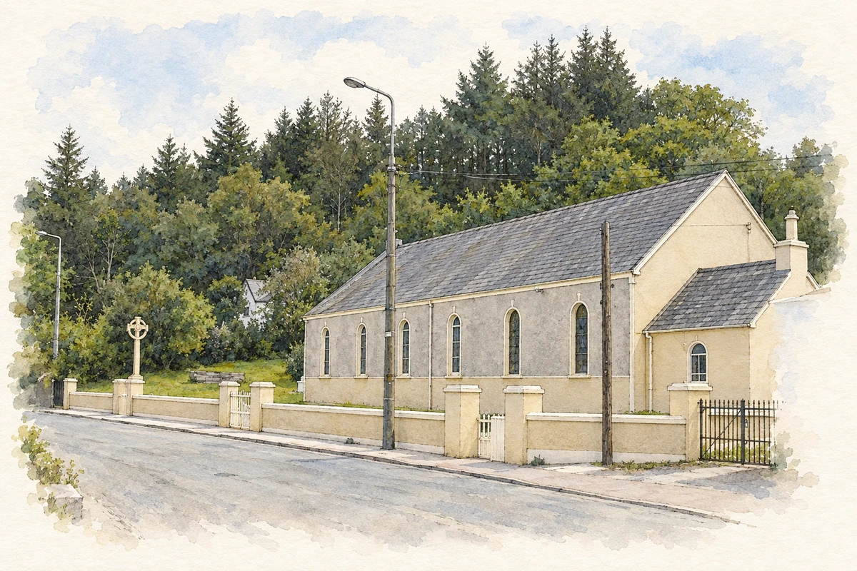 Watercolour and fine ink illustration of Séipéal Ghobnatan, Coolea.