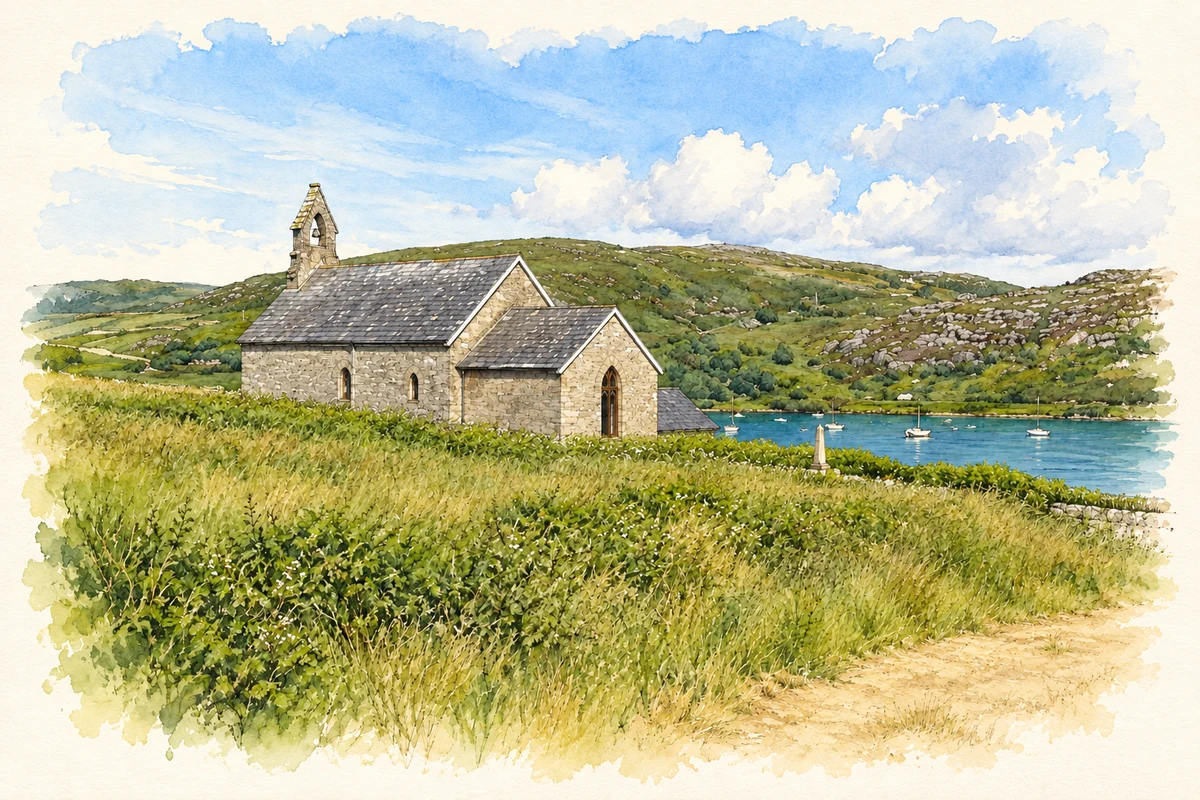 Watercolour and fine ink illustration of St Brendan the Navigator Church, Crookhaven.