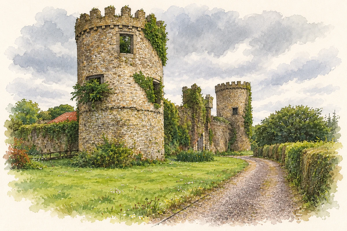 Watercolour and fine ink illustration of Dromagh Castle, as photographed in2012.