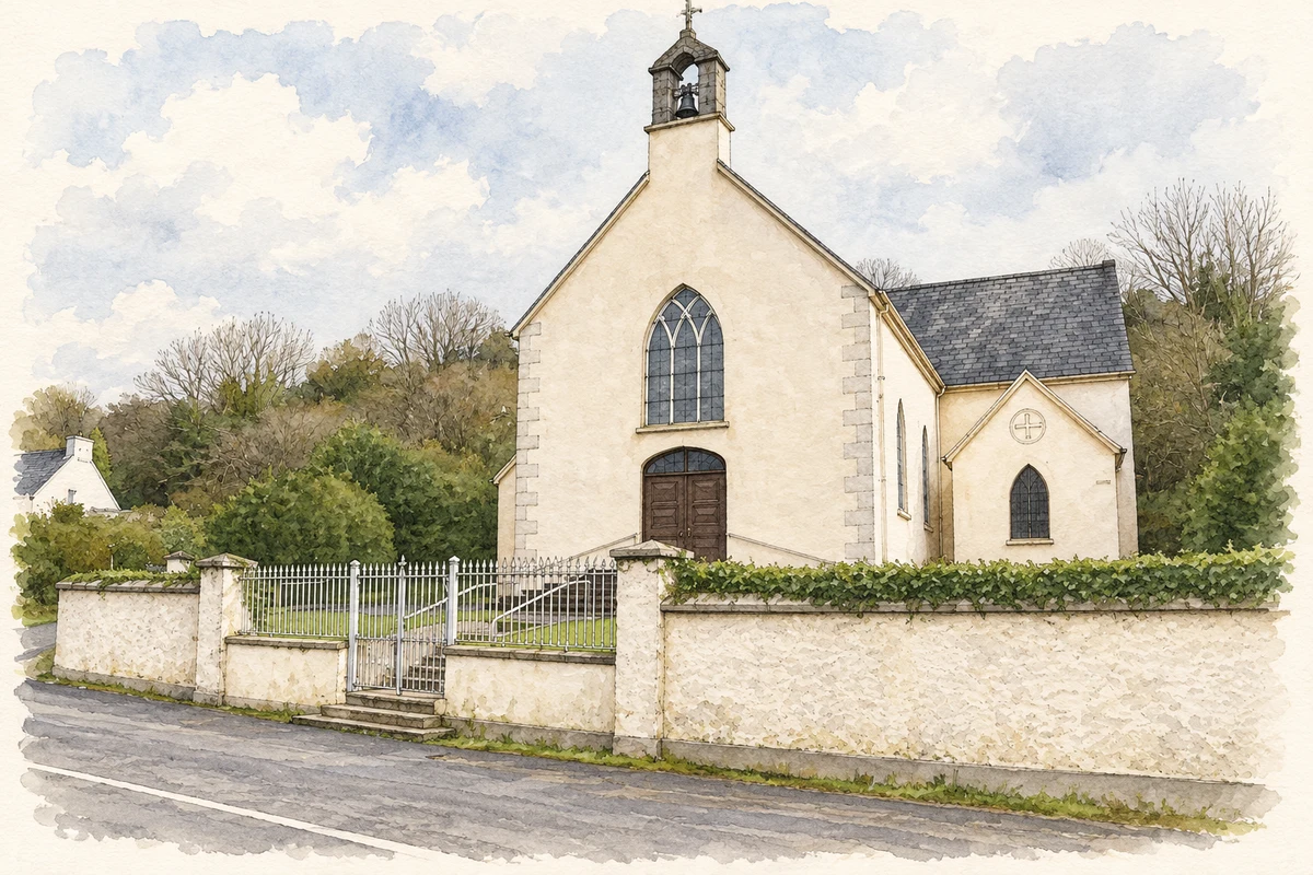Watercolour and fine ink illustration of The church at Knockanevin, as photographed in 2009.