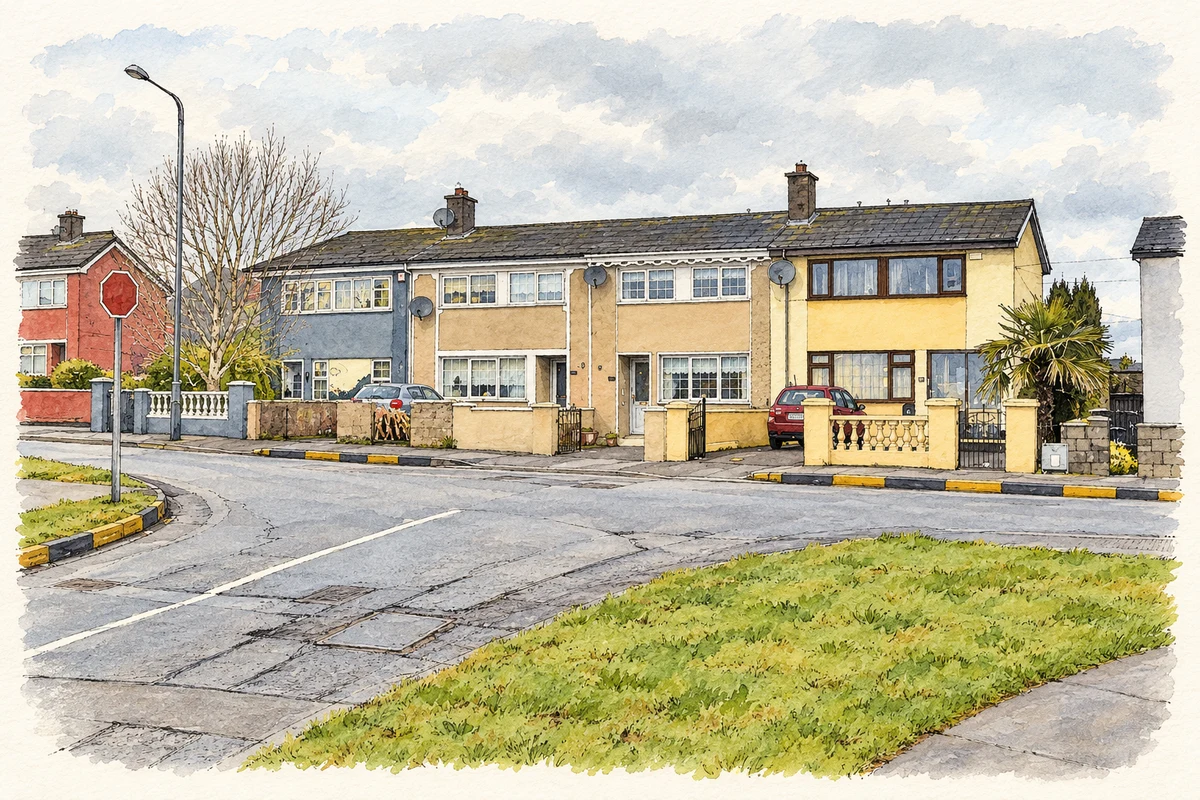 Watercolour and fine ink illustration of Houses on Kilmore Road Lower in Knocknaheeny, as photographed in 2019.