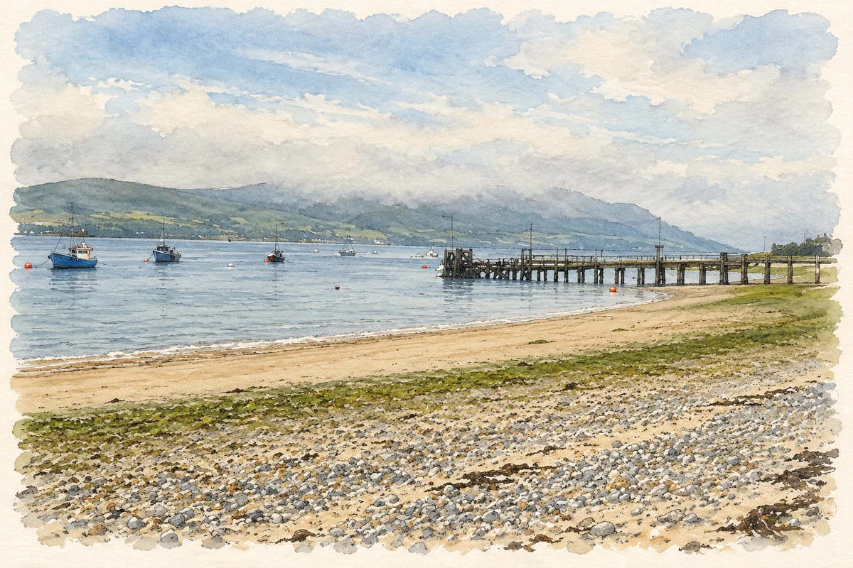 Watercolour and fine ink illustration of Carlingford Lough and pier at Greencastle, County Down.