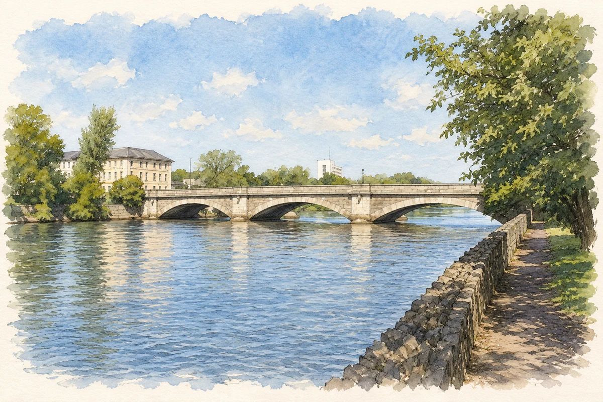 Watercolour and fine ink illustration of Bann Bridge and Waterside, Coleraine, County Derry.