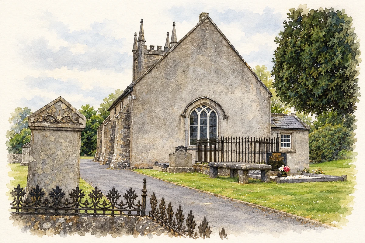 Watercolour and fine ink illustration of Church of Ireland, Garrison, County Fermanagh.