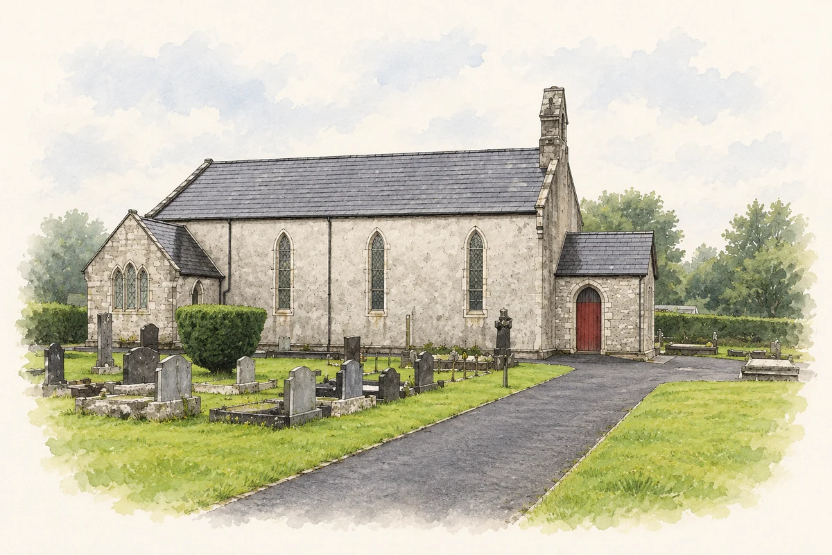 Watercolour and fine ink illustration of Colaghty Parish Church, near Lack, County Fermanagh.