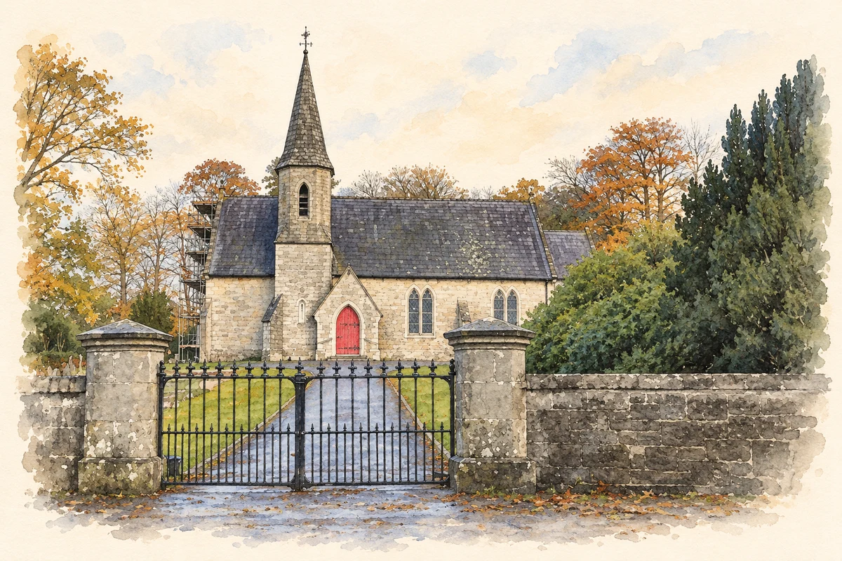 Watercolour and fine ink illustration of St Tighernach's Church, Tamlaght, County Fermanagh.
