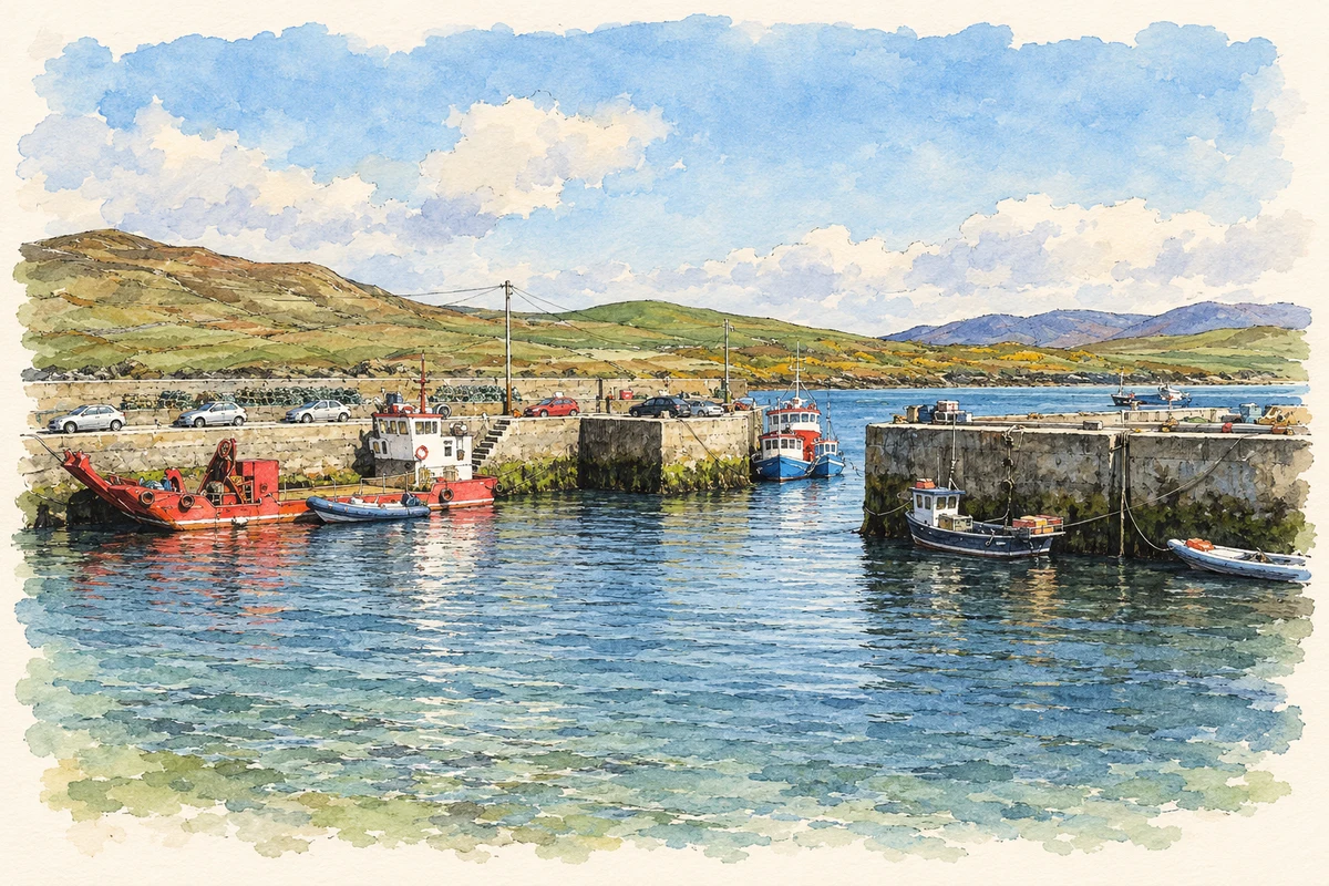 Watercolour and fine ink illustration of Cleggan Harbour, County Galway.