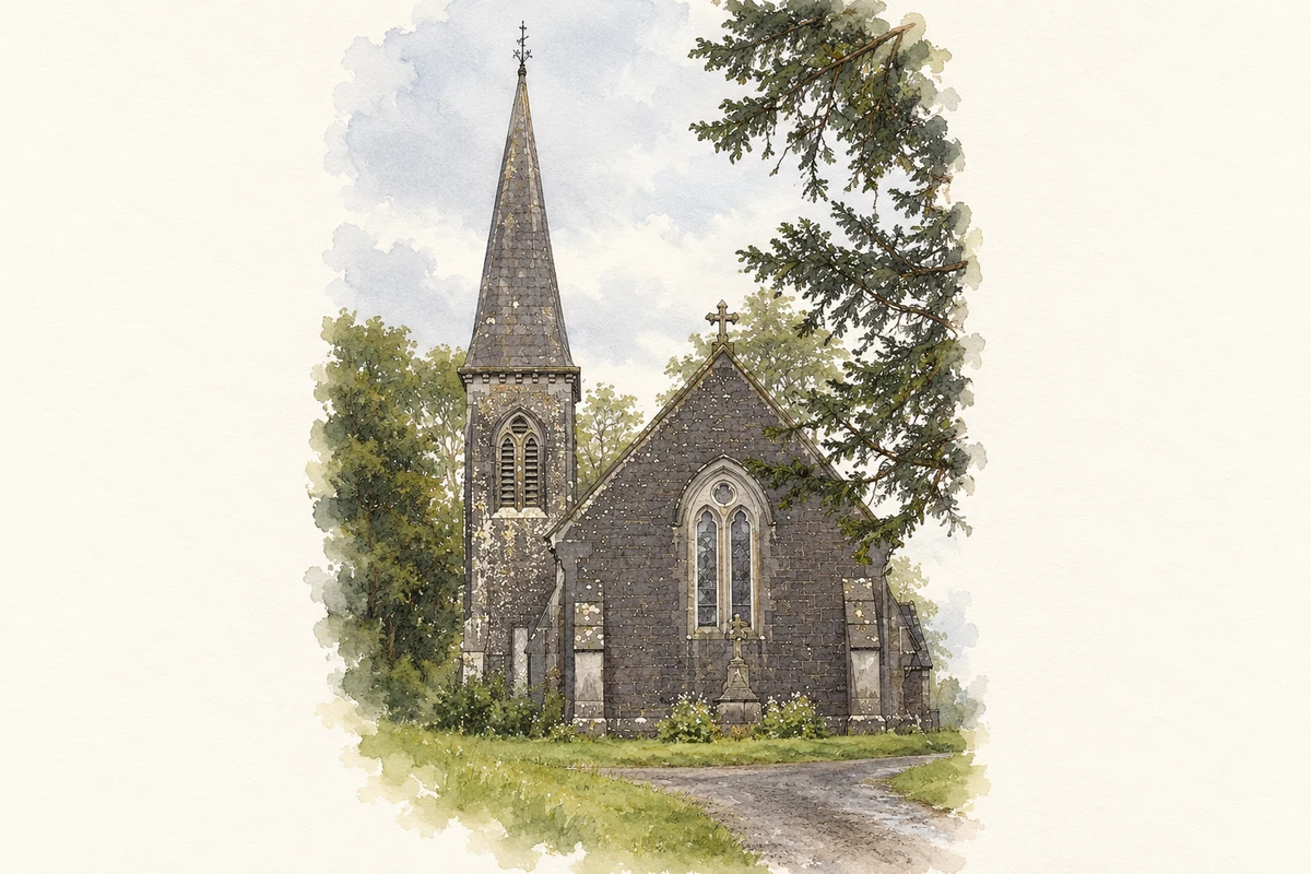 Watercolour and fine ink illustration of Woodlawn Parish Church, County Galway.