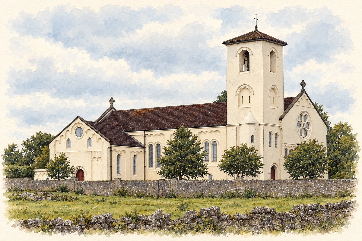 Watercolour and fine ink illustration of Corpus Christi Church, Mount Temple, County Westmeath.