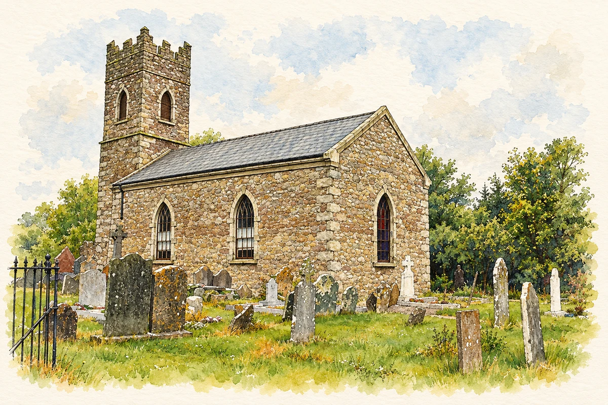 Watercolour and fine ink illustration of Duncormick Church of Ireland church.