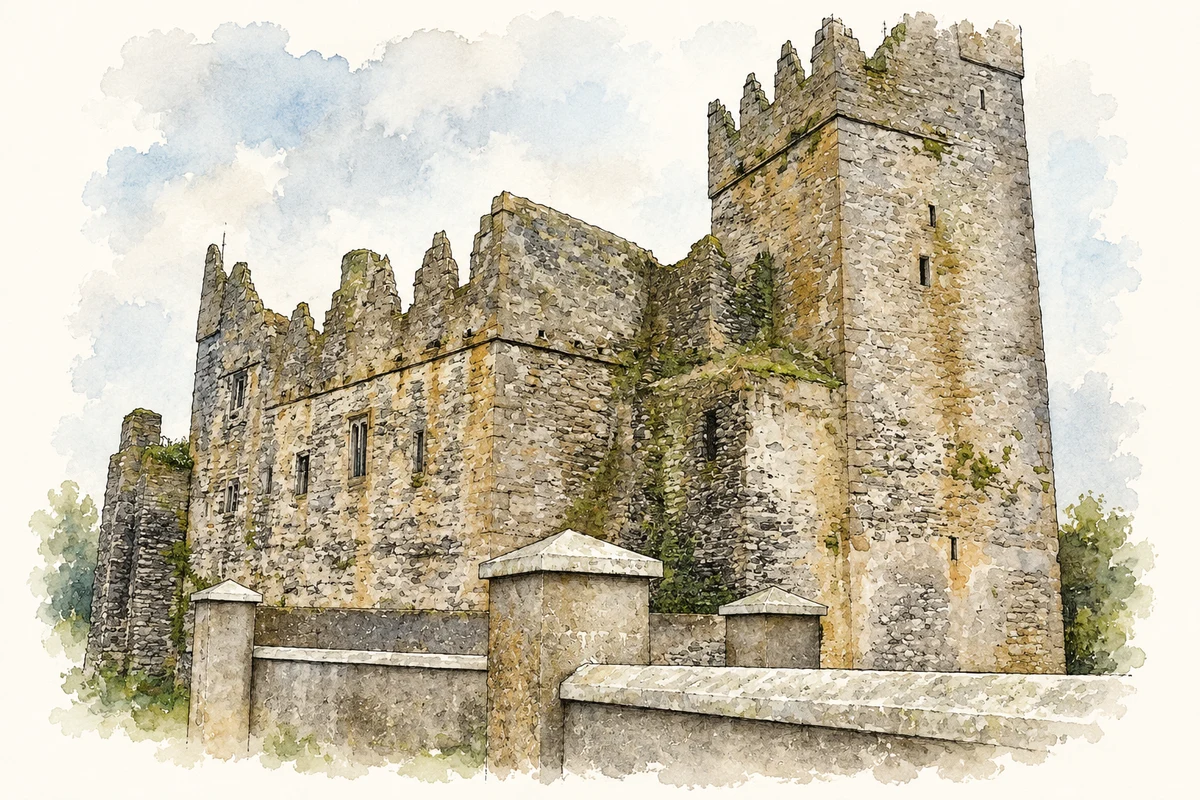 Watercolour and fine ink illustration of Slade Castle, County Wexford.