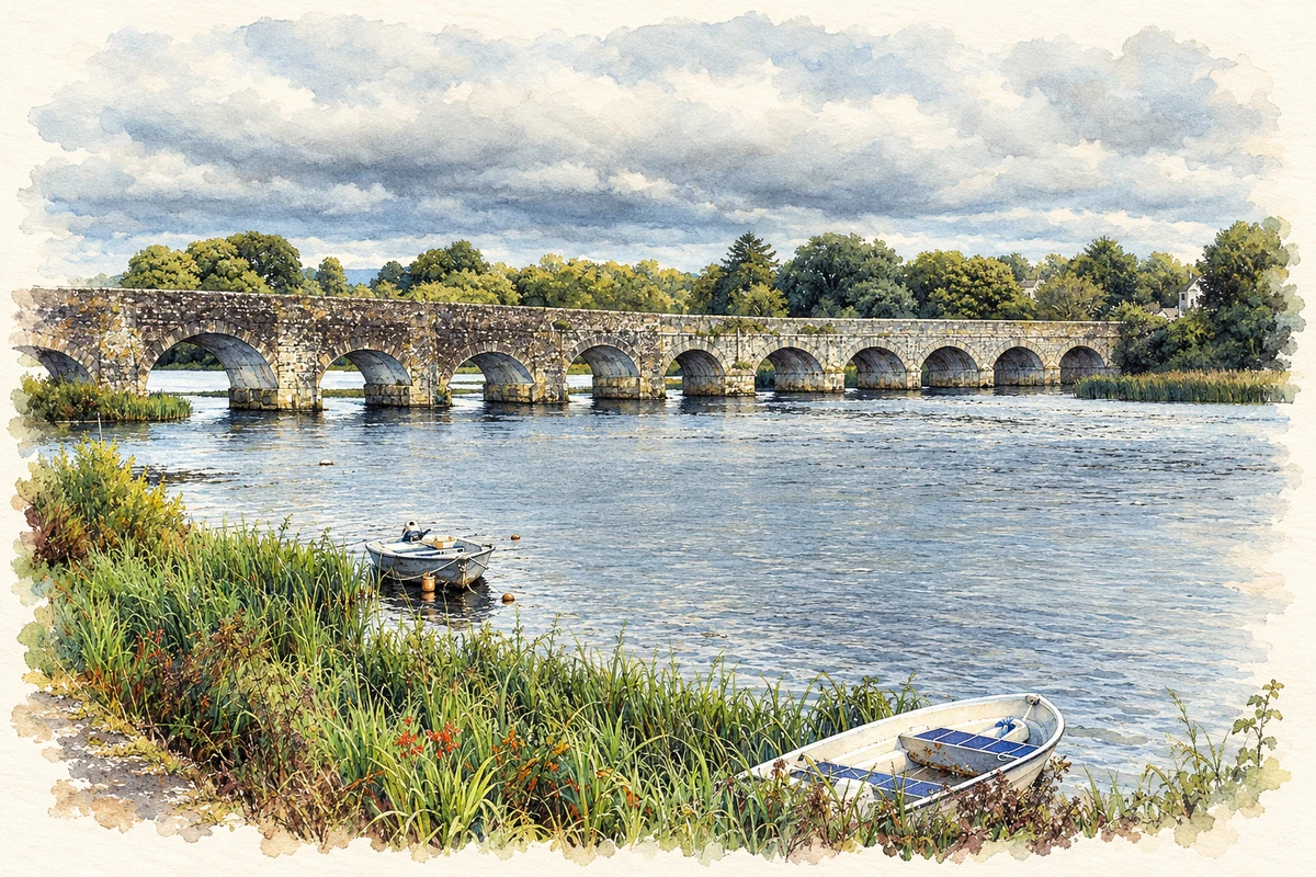 Watercolour and fine ink illustration of O'Brien's Bridge over the River Shannon, County Clare.