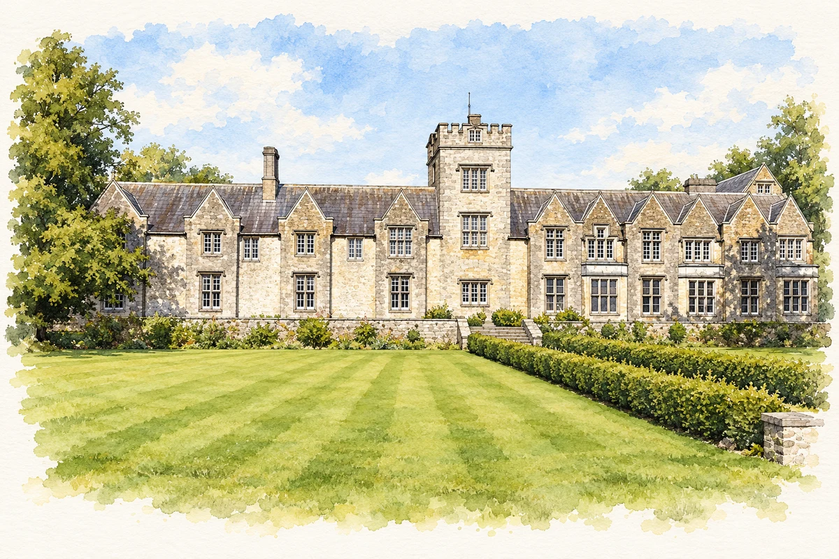 Watercolour and fine ink illustration of Mallow Castle House in Mallow, showing its complete visible architectural silhouette.