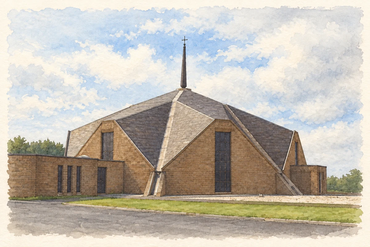 Watercolour and fine ink illustration of St Mary’s Church, Derrybeg, before the 2025 fire.