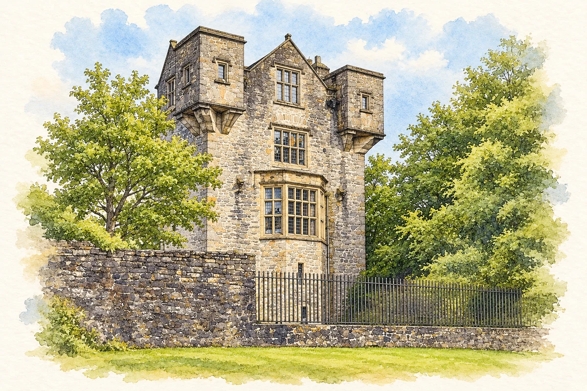 Watercolour and fine ink illustration of Donegal Castle restored tower in Donegal.