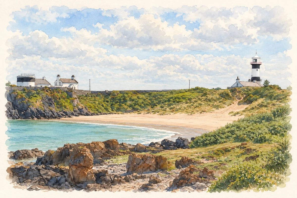 Watercolour and fine ink illustration of White Bay and Inishowen lighthouses at Stroove, County Donegal.