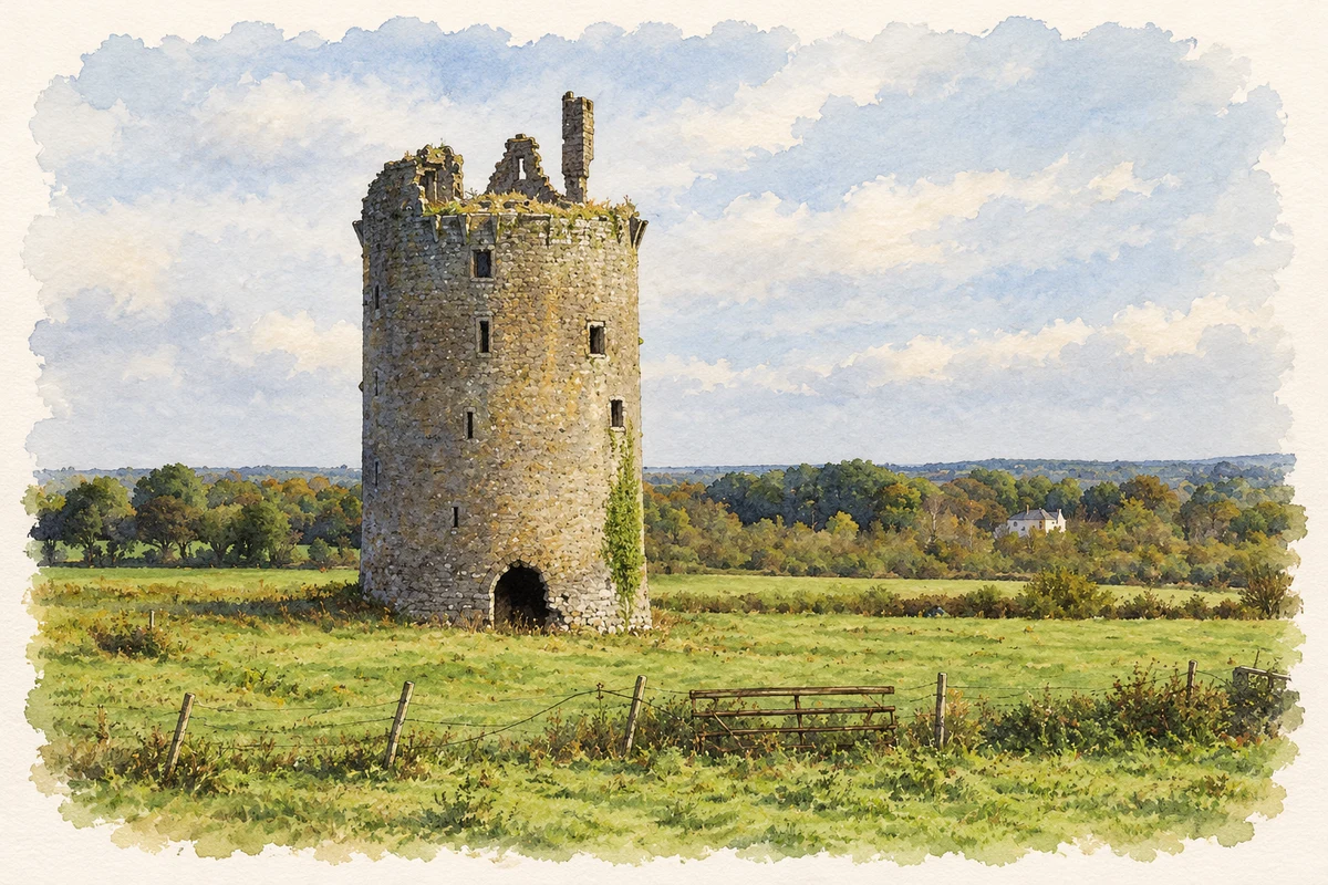 Watercolour and fine ink illustration of Knockagh Castle remains, near Drom, County Tipperary.