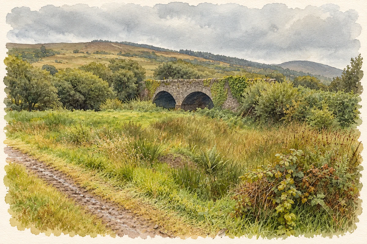 Watercolour and fine ink illustration of Stone bridge over the River Inny, near Mastergeehy.
