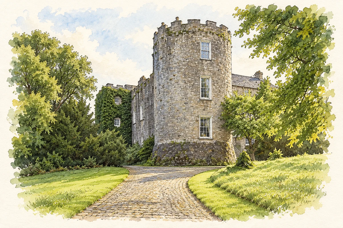 Watercolour and fine ink illustration of Leixlip Castle in Leixlip, showing its complete visible architectural silhouette.