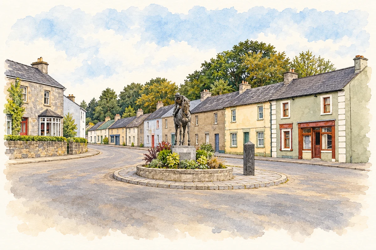 Watercolour and fine ink illustration of Equestrian sculpture and village square, Churchtown.