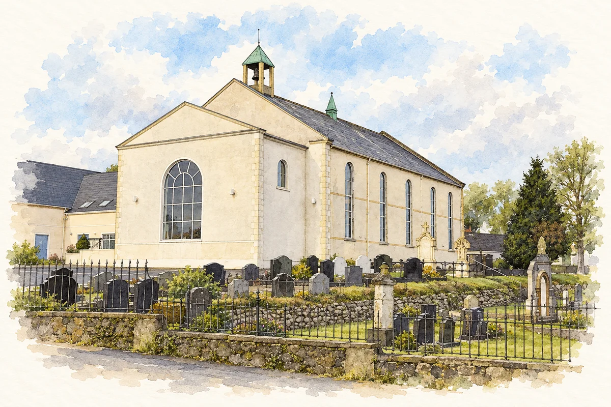 Watercolour and ink of Carryduff Presbyterian Church in Carryduff.
