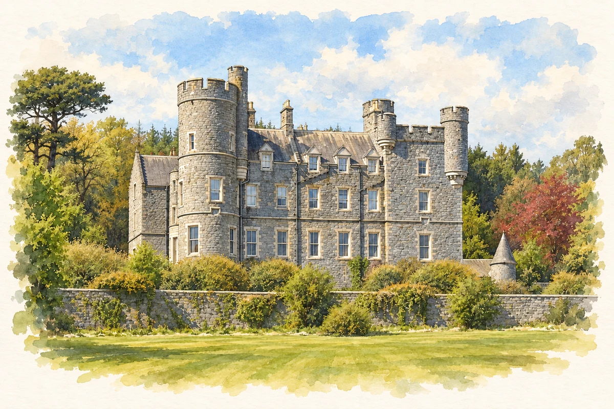 Watercolour and fine ink illustration of Castlewellan Castle, County Down.