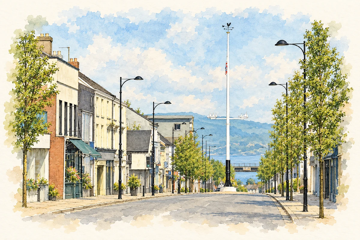 Watercolour and fine ink illustration of Holywood Maypole and High Street, County Down in Holywood.